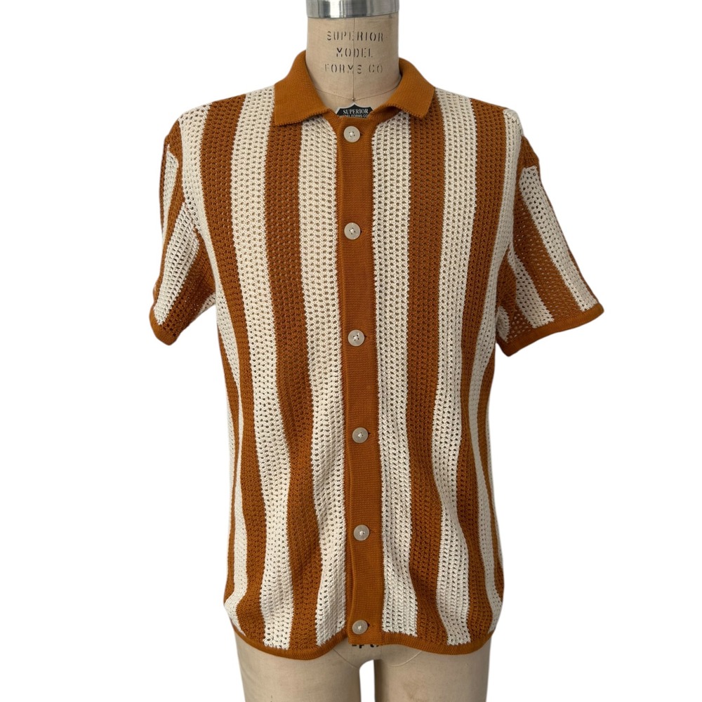Dandy Del Mar Knit Button Down Shirt Mens M Rust Orange Cream Striped Crochet